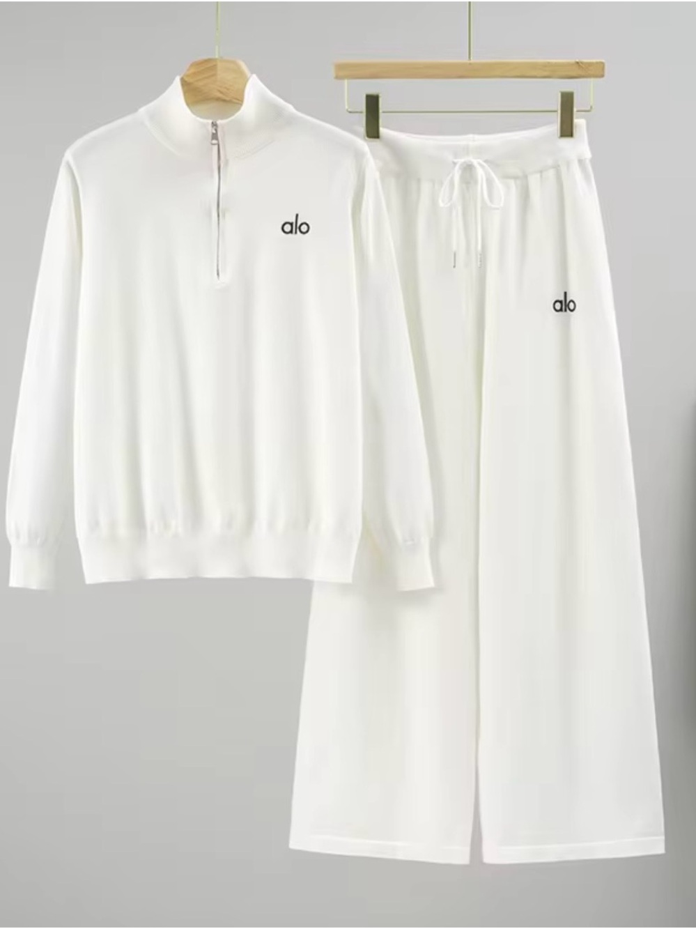 ALO Inspired White Wide-Leg Drawstring Pants with Half-Zip Pullover Set